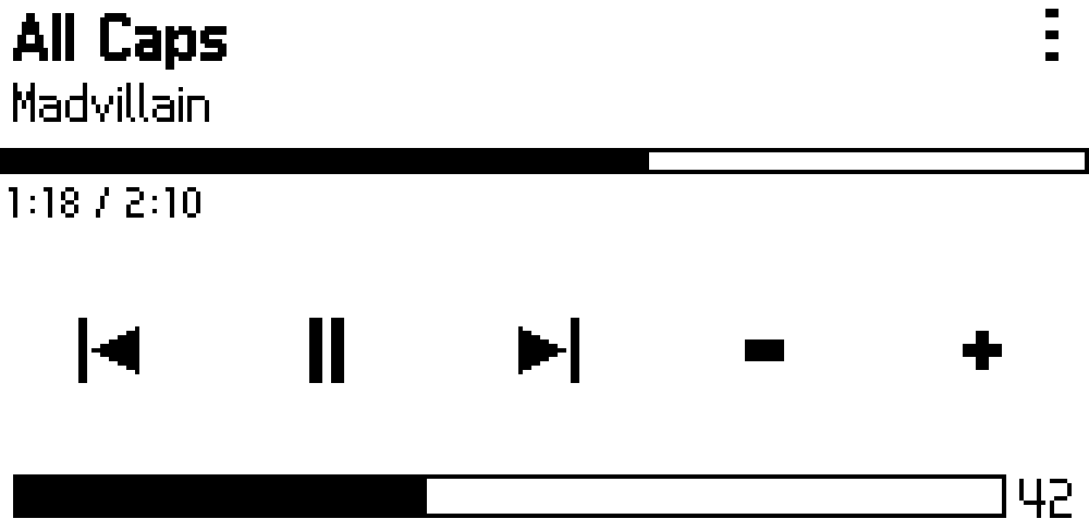 Now Playing screen without album art showing track title, artist, full-width progress bar, timestamp, and transport controls