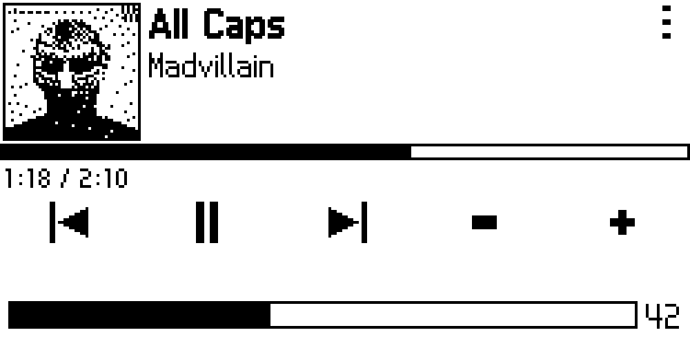 Now Playing screen with album art thumbnail, track info, progress bar, and transport controls for play, pause, skip, and volume