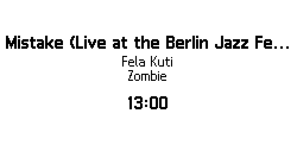 Idle screen without album art showing track title in large font, artist, album name, and total duration centred on screen