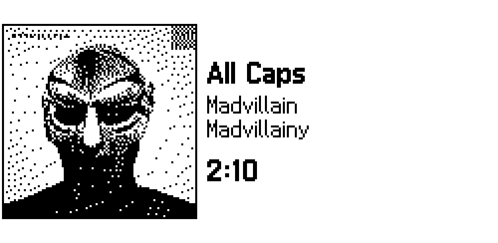 Idle screen showing dithered album art at 96 by 96 pixels with track title, artist, and album name