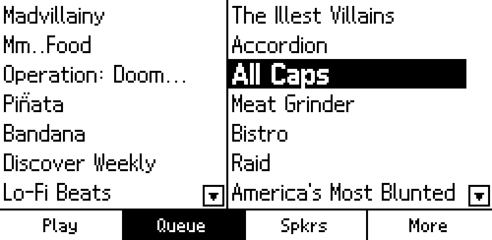 Split-screen view with favourites list on the left and playback queue on the right, showing the currently playing track highlighted